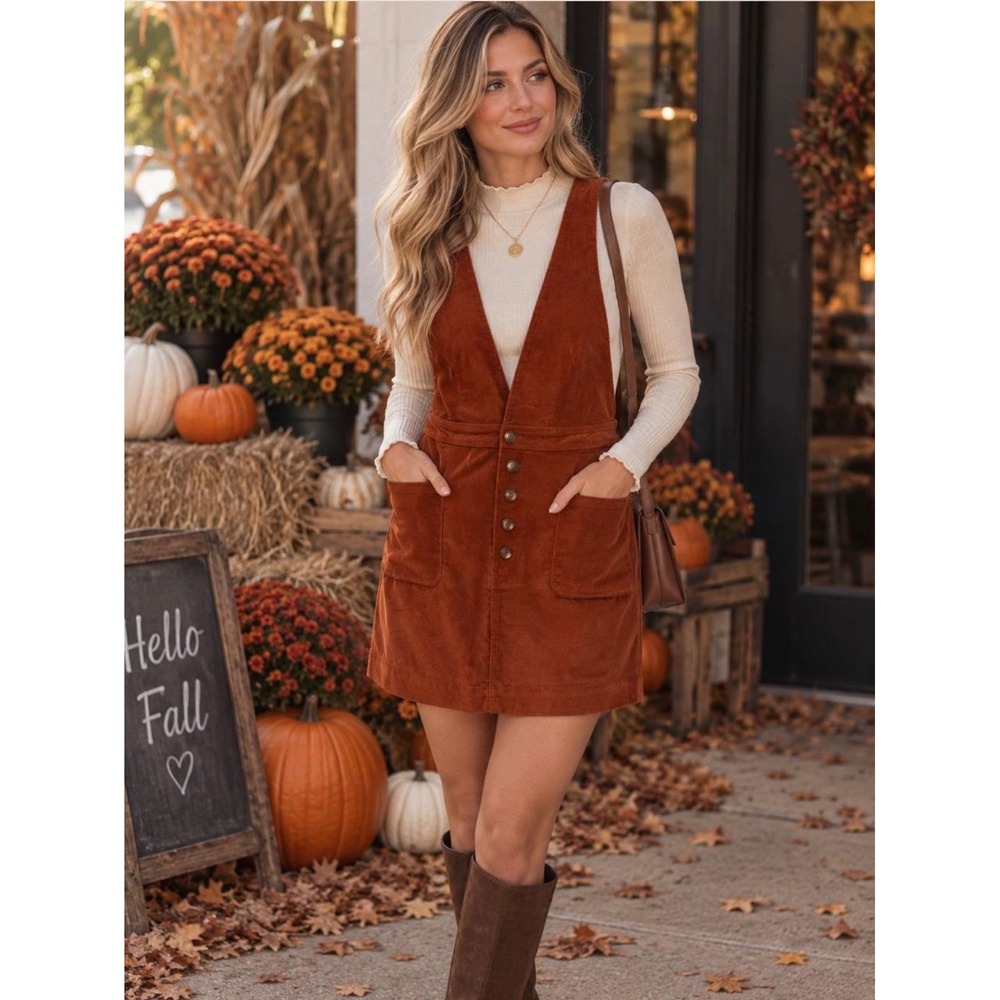 Free People Old School Love Corduroy Pinafore Mini Dress Button Front Jumper 8